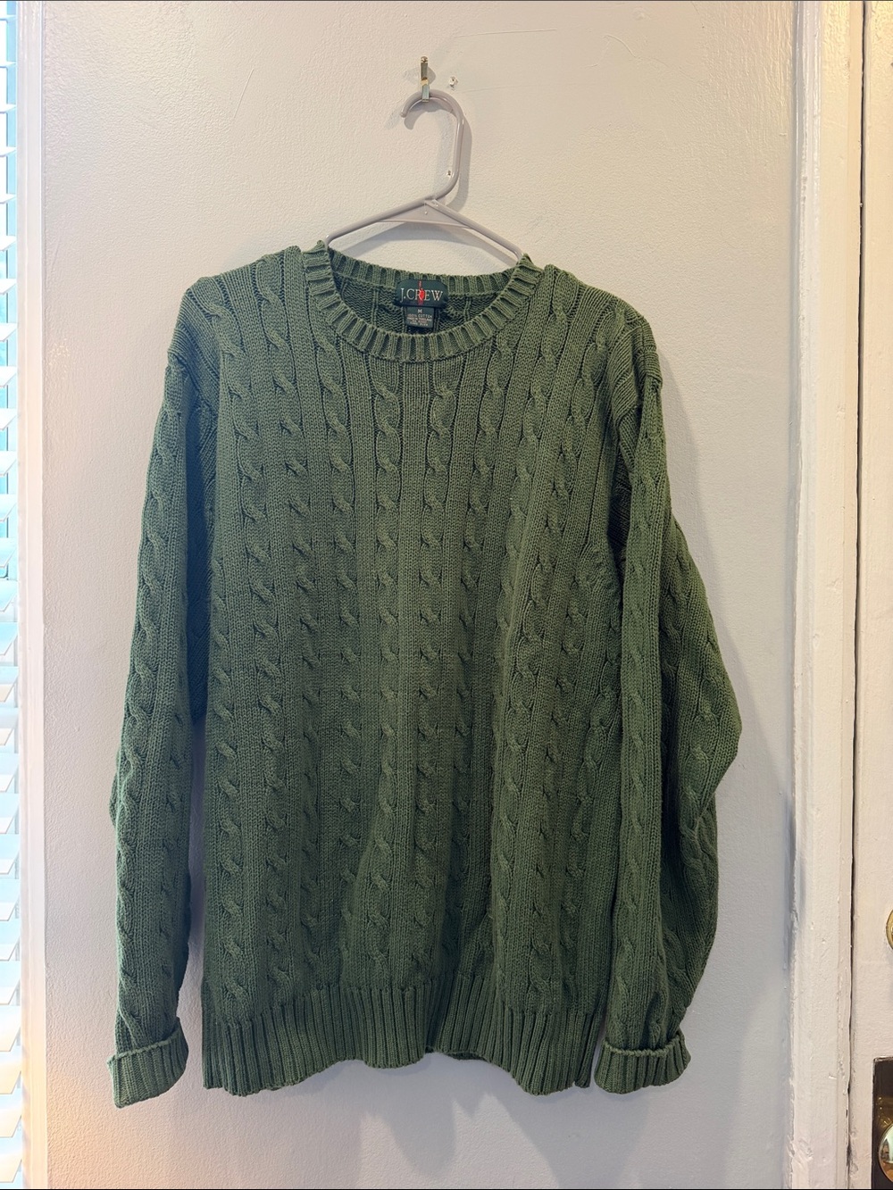 J. Crew Olive Green Cable Knit Crewneck Sweater